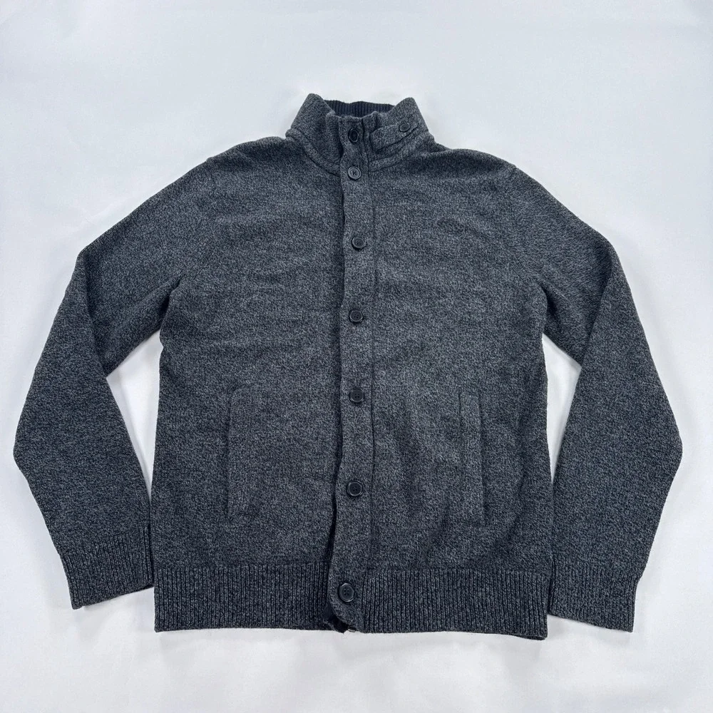 Banana Republic Mens Cardigan Medium Gray Mock Neck Zip Button Sweater